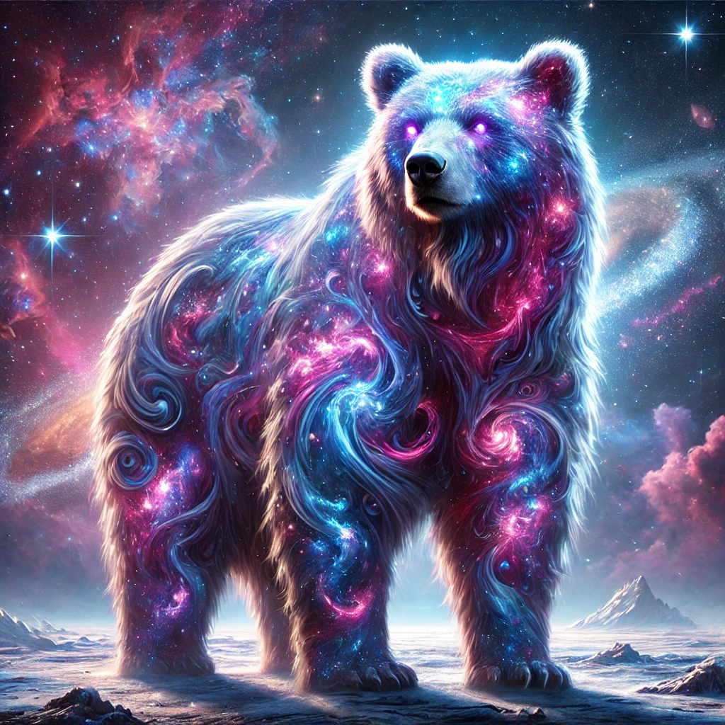 DALL·E-2024-09-03-17.19.29-A-galactic-bear-standing-majestically-in-a-cosmic-environment.-The-bears-fur-shimmers-with-celestial-patterns-resembling-swirling-galaxies-stars-a significado espiritual del oso