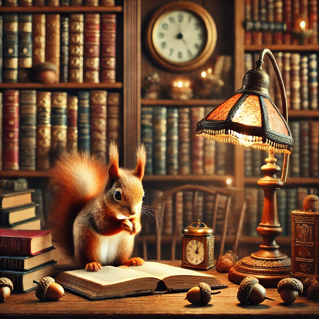 DALL·E 2024-09-11 21.39.08 - A whimsical scene of a squirrel inside a cozy library, surrounded by tall bookshelves filled with books. The squirrel is perched on a wooden desk, rea significado espiritual de la ardilla
