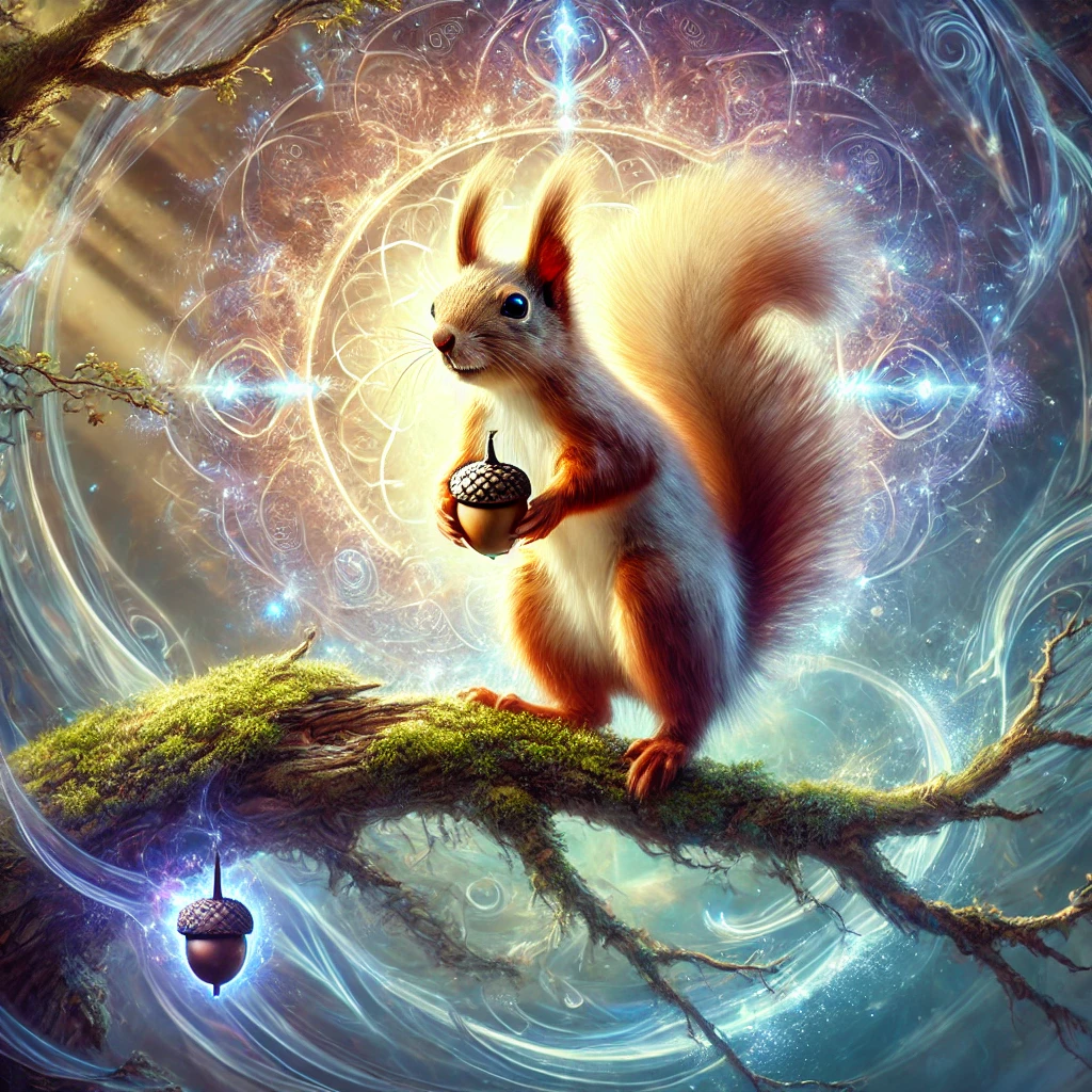 DALL·E 2024-09-11 21.40.35 - A majestic depiction of a squirrel as a spiritual animal of power, surrounded by an aura of glowing energy. The squirrel stands confidently on a tree significado espiritual de la ardilla