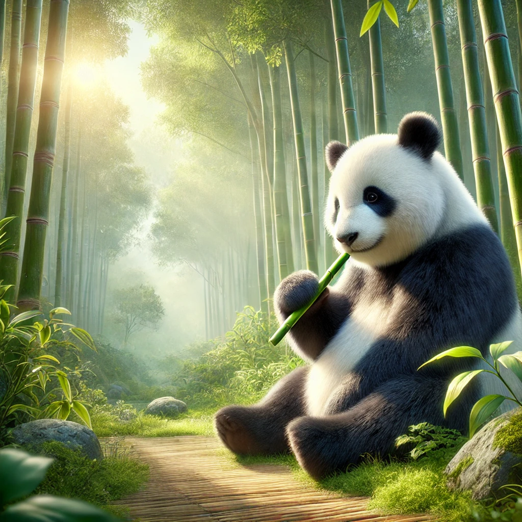 DALL·E 2024-12-09 19.24.12 - A realistic depiction of a peaceful panda sitting in a serene bamboo forest, surrounded by lush greenery and soft sunlight filtering through the trees significado espiritual del panda