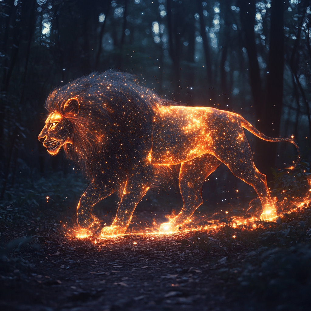 Sergiolopezbe_A_surreal_dreamlike_forest_scene_with_a_glowing_0be5343c-53d9-4024-892d-16bbdbc24747_2 simbolismo del león