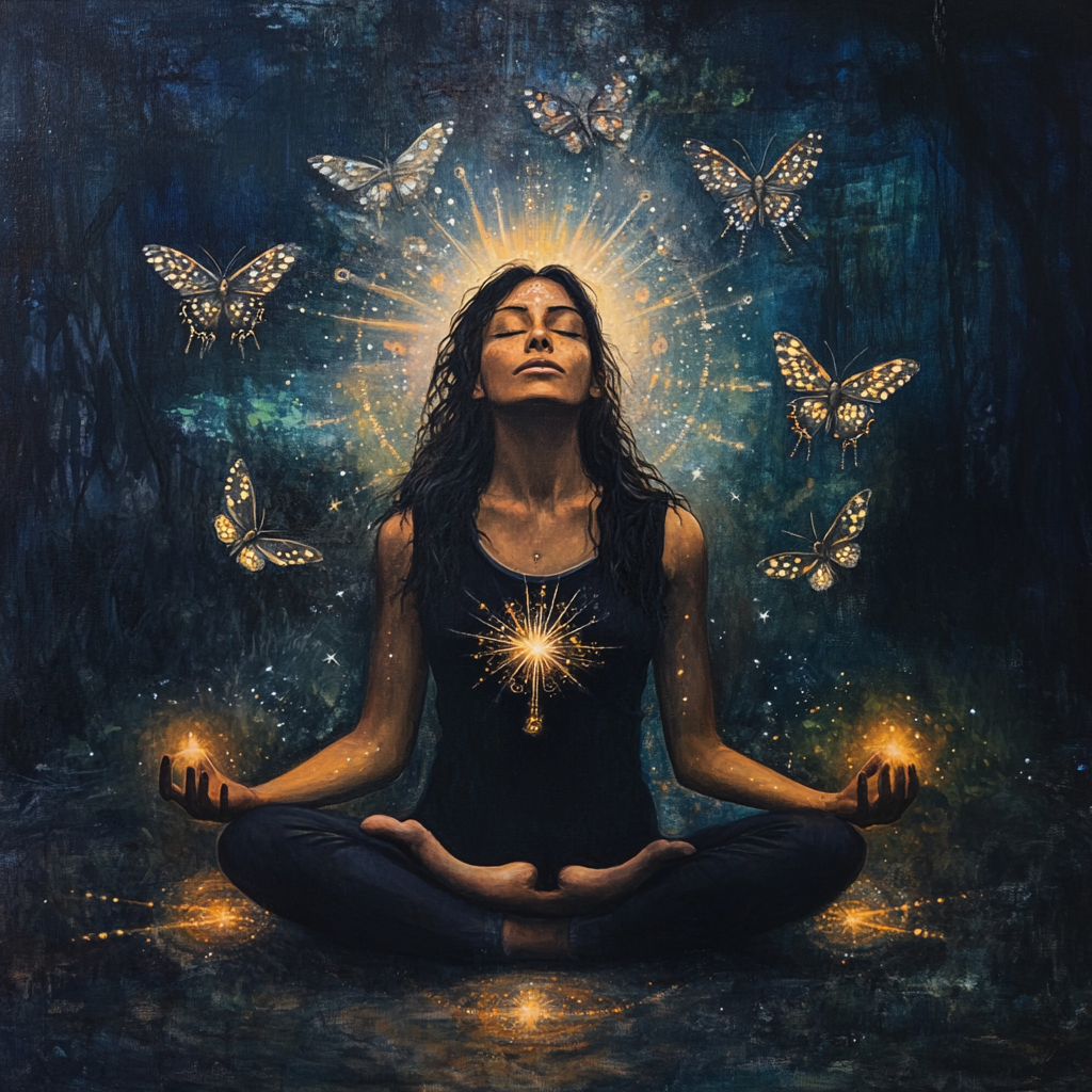 Sergiolopezbe_A_woman_meditating_in_the_dark_surrounded_by_mo_15265055-2a40-4298-8c18-a7bf12eacff6_2 significado espiritual de la mariposa nocturna
